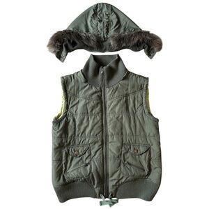 St. Bernard Olive Green Puffer Vest with Faux Fur Trim & Detachable Hood Size 16